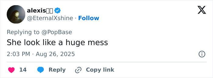 Tweet by user Alexis replying to PopBase, commenting negatively about an appearance, posted on August 26, 2025. Tweet by user Alexis replying to PopBase, commenting negatively about an appearance, posted on August 26, 2025.