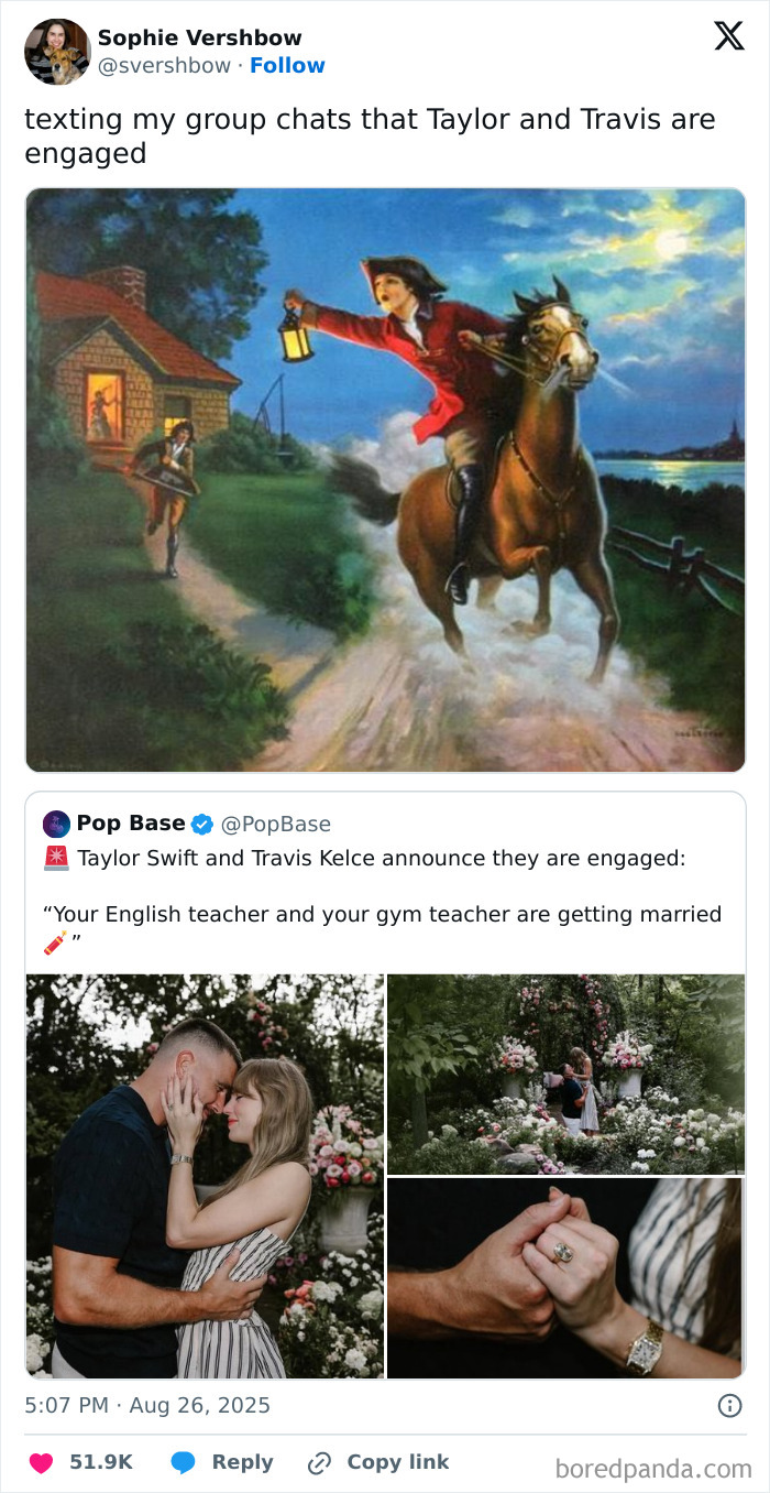 Twitter post showing excitement about Taylor Swift and Travis Kelce's engagement with images of the couple and reactions memes.
