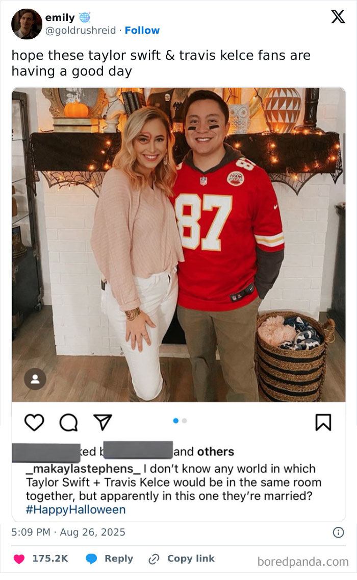 Couple dressed as Taylor Swift and Travis Kelce fans posing happily by a decorated mantle, Halloween themed.