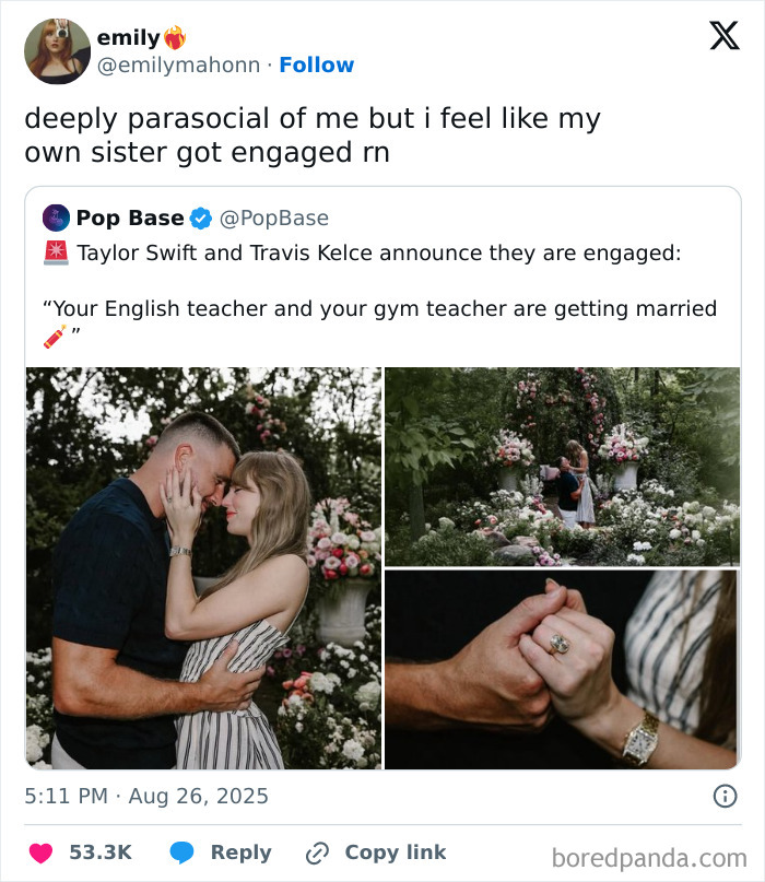 Taylor Swift engagement announcement with photos of the couple hugging, floral garden, and showing the engagement ring.
