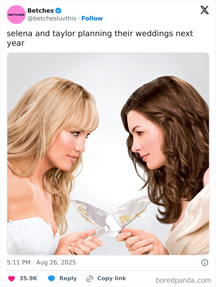 Two brides in wedding dresses facing each other holding cake knives, meme about Taylor Swift engagement reactions.