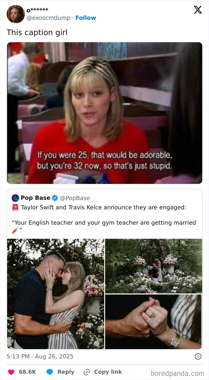 Taylor Swift engagement announcement with romantic photos and humorous meme reactions shared on social media.