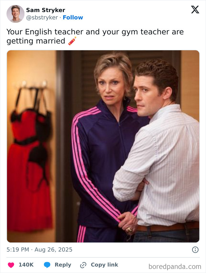 Tweet showing a humorous meme with two people reacting, linked to Taylor Swift engagement memes and reactions.
