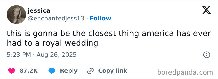 Tweet about Taylor Swift engagement with a humorous take comparing it to a royal wedding, posted by user jessica.