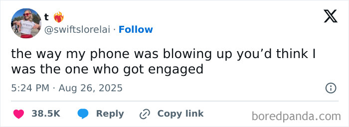 Tweet about phone blowing up with messages, showcasing funny reactions to Taylor Swift engagement news.