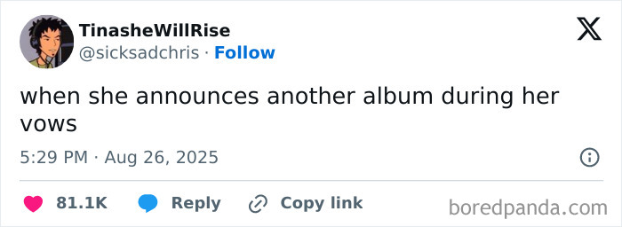 Screenshot of a humorous tweet reacting to Taylor Swift’s engagement, part of funny memes and reactions online.