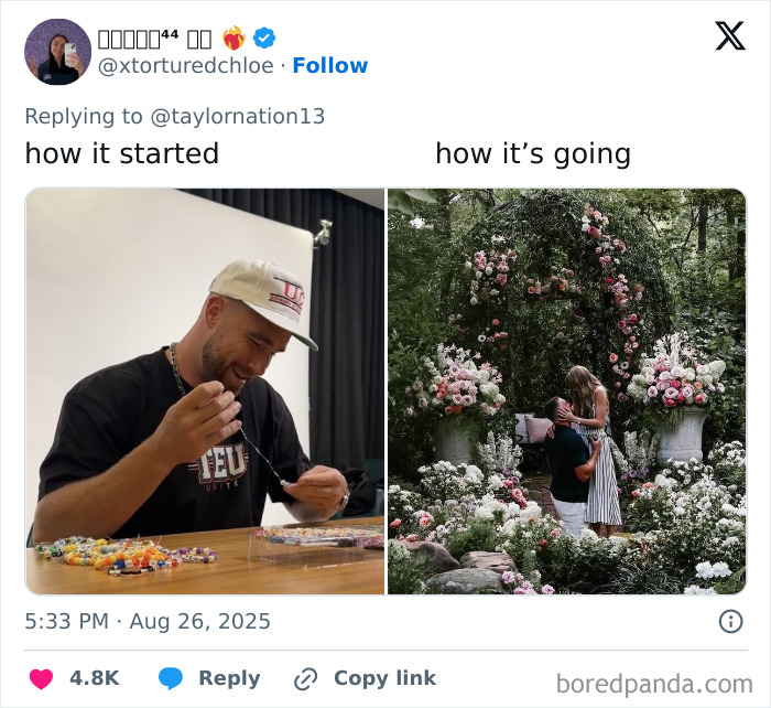 Side-by-side images showing a man crafting jewelry and proposing in a floral garden, Taylor Swift engagement memes reaction