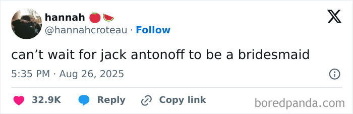 Tweet about excitement for Jack Antonoff to be a bridesmaid, featuring reactions to Taylor Swift engagement memes.