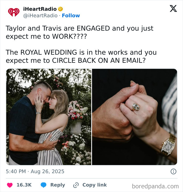 Couple embracing outdoors with flowers and close-up of engagement ring, highlighting Taylor Swift engagement memes.