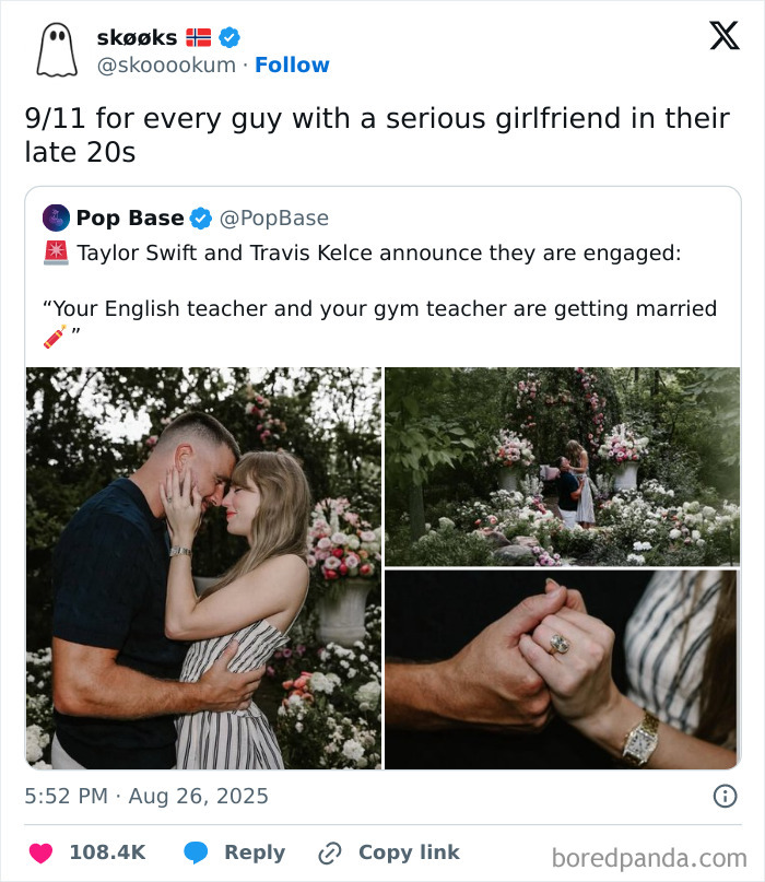 Social media post showing hilarious reactions and memes about Taylor Swift engagement announcement with romantic photos.