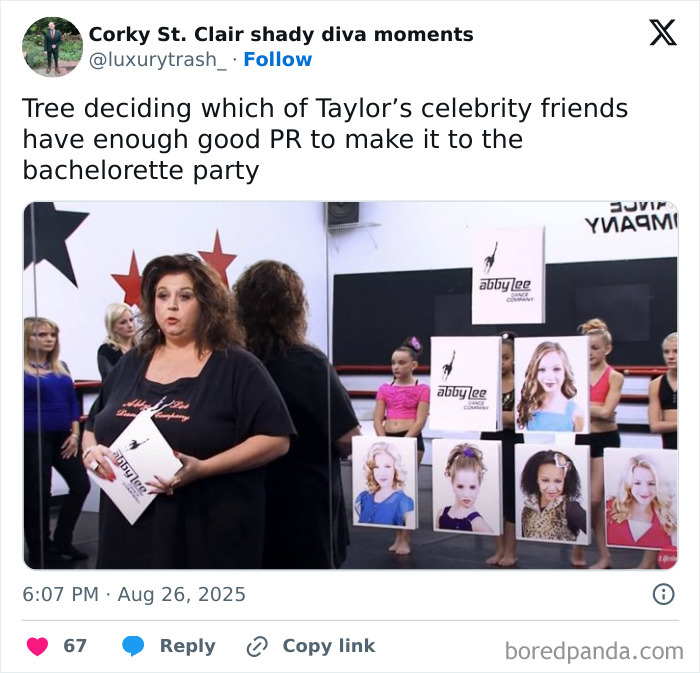 Woman holding papers in a dance studio with dancers and photos deciding on Taylor Swift engagement memes reactions.