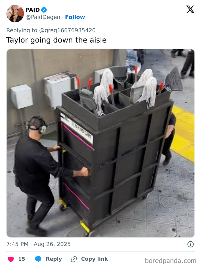 Person pushing a cleaning cart with mops arranged like a bride, a meme related to Taylor Swift engagement reactions.
