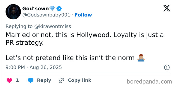 Tweet discussing cheating and loyalty in Hollywood sparked by Jonathan Bailey and Scarlett Johansson selfie controversy.