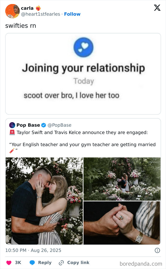 Screenshot of tweets showing fan reactions and engagement announcement for Taylor Swift with images of the couple and ring close-up