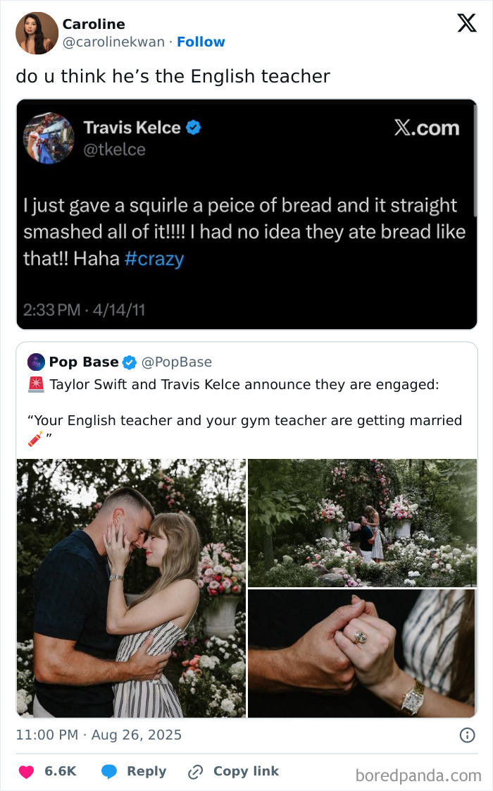 Tweet collage featuring Taylor Swift and Travis Kelce’s engagement announcement with memes and reactions about the news.