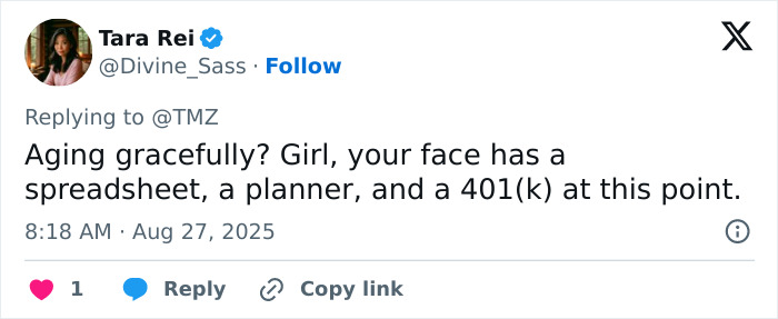 Screenshot of a tweet criticizing a viral facelift, discussing aging gracefully and referencing Michael Jackson. Screenshot of a tweet criticizing a viral facelift, discussing aging gracefully and referencing Michael Jackson.