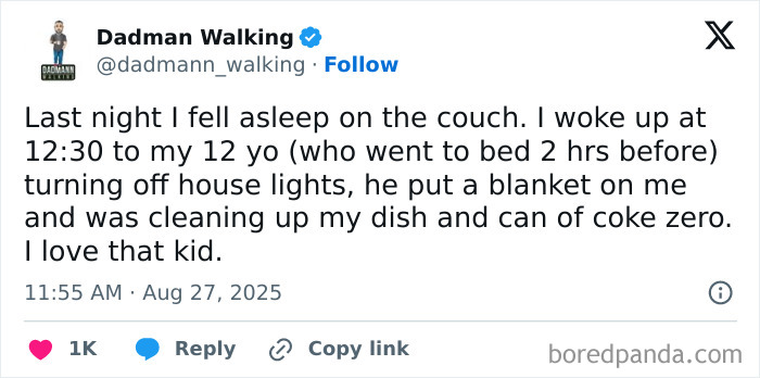 Tweet about a 12-year-old’s caring actions, part of funny tweets that might make you chuckle without kids.