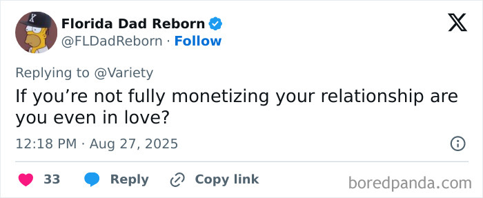 Tweet by user Florida Dad Reborn questioning if relationships are monetized, relating to fans calling Taylor Swift engagement a marketing stunt.