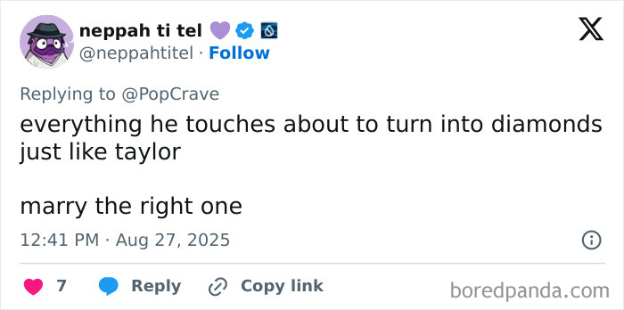 Tweet commenting on Taylor Swift's engagement marketing stunt and Travis Kelce's new ad, with fan reactions included.