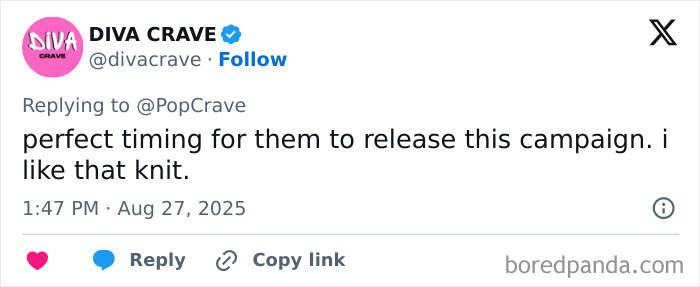 Tweet from DIVA CRAVE reacting to a new campaign, mentioning perfect timing and complimenting a knit outfit seen in the marketing stunt.