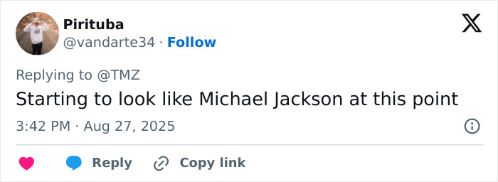 Tweet text about starting to look like Michael Jackson, referencing Kris Jenner’s viral facelift discussion on aging gracefully. Tweet text about starting to look like Michael Jackson, referencing Kris Jenner’s viral facelift discussion on aging gracefully.
