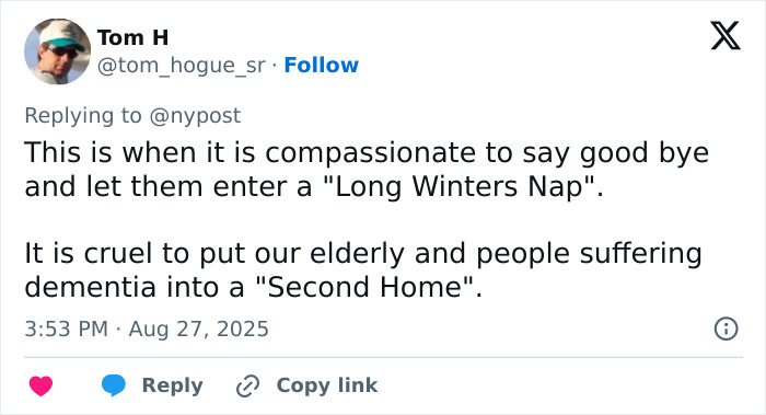 Tweet by Tom H expressing views on compassionate care and elderly dementia patients related to Bruce Willis' wife health update. Tweet by Tom H expressing views on compassionate care and elderly dementia patients related to Bruce Willis' wife health update.