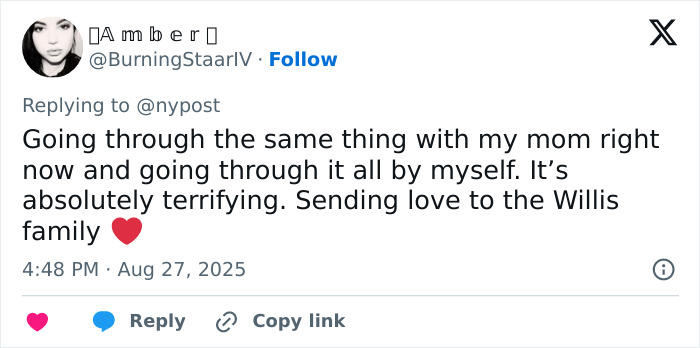 User tweet expressing support for Bruce Willis' family amid heartbreaking health update and changes at family home. User tweet expressing support for Bruce Willis' family amid heartbreaking health update and changes at family home.