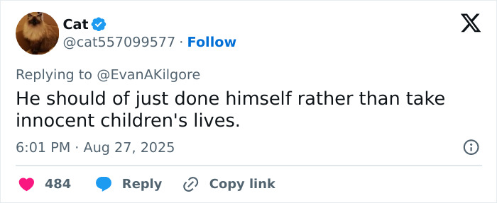 Tweet comment about Minneapolis Catholic School suspect expressing opinion on violence and innocent children's lives. Tweet comment about Minneapolis Catholic School suspect expressing opinion on violence and innocent children's lives.