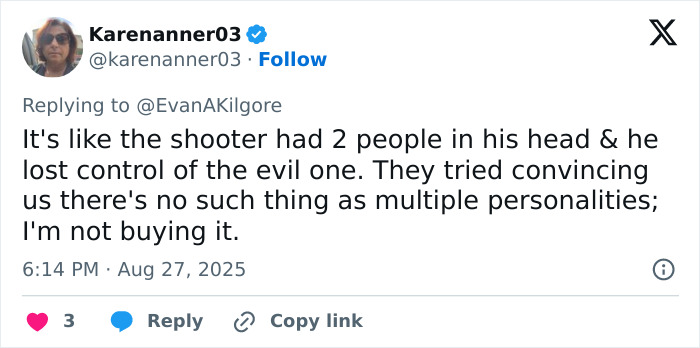Tweet discussing the Minneapolis Catholic school suspect’s psychotic obsession and mentions multiple personalities theory. Tweet discussing the Minneapolis Catholic school suspect’s psychotic obsession and mentions multiple personalities theory.