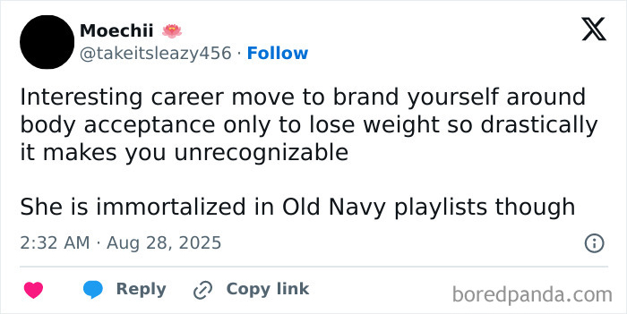 Tweet discussing Meghan Trainor's weight loss and body acceptance in relation to her public image. Tweet discussing Meghan Trainor's weight loss and body acceptance in relation to her public image.