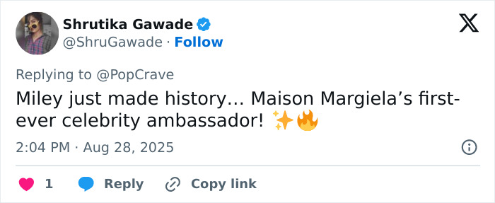 Tweet announcing Miley Cyrus as the first celebrity ambassador for Maison Margiela with a fire and sparkle emoji.