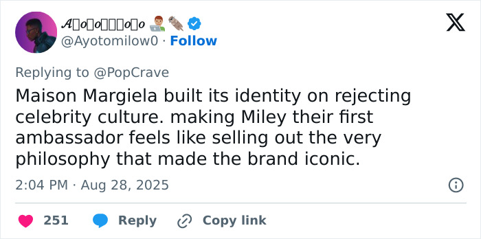 Tweet discussing Miley Cyrus body paint campaign for Maison Margiela and its impact on the brand&rsquo;s identity and philosophy.