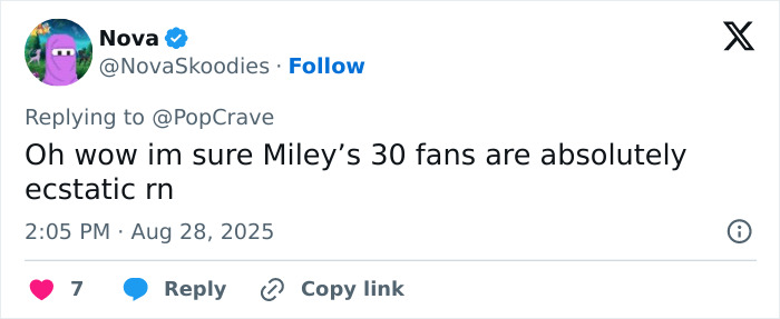 Screenshot of a Twitter reply about Miley Cyrus' body paint campaign for Maison Margiela sparking divided reactions online.