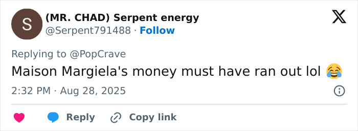 Tweet by a user sarcastically commenting on Maison Margiela's campaign featuring Miley Cyrus&rsquo; body paint causing online debate.