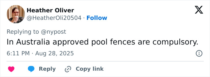 Tweet by Heather Oliver commenting on pool safety, emphasizing compulsory approved pool fences in Australia after tragic drowning.