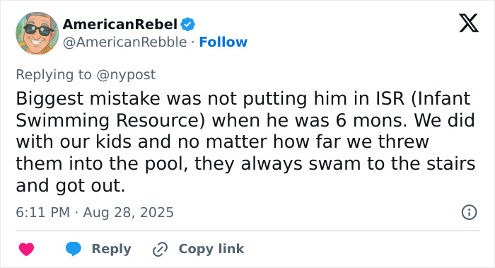 Screenshot of a Twitter reply discussing infant swimming resource and a 3-year-old's tragic drowning in home pool incident.