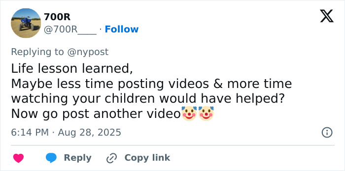 Tweet criticizing momfluencer after 3-year-old's tragic drowning in home pool, urging more child supervision over posting videos.
