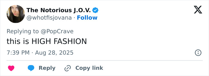 Tweet by The Notorious J.O.V. praising Miley Cyrus' body paint campaign for Maison Margiela as high fashion.