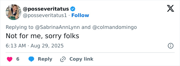 Twitter user @posseveritatus1 replying to Sabrina Carpenter, expressing disinterest in a casual text post.