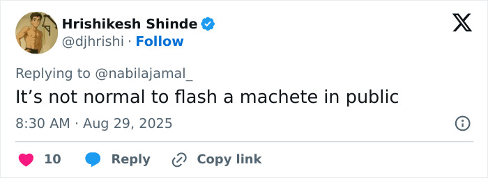 Tweet from Hrishikesh Shinde stating it is not normal to flash a machete in public, discussing a scary incident involving a woman.