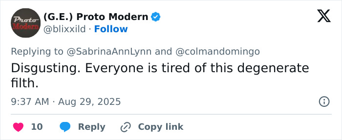 Screenshot of a social media comment harshly criticizing Sabrina Carpenter's pole dance video, expressing strong disapproval.