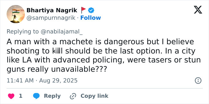 Tweet discussing a man with a machete and safety concerns related to policing in an urban setting.