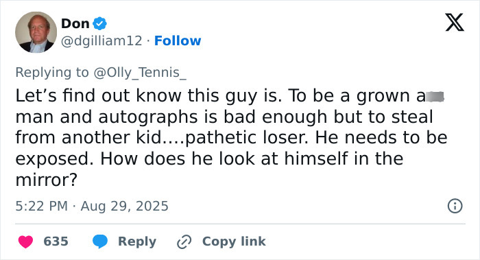 Tweet criticizing man who snatches Kamil Majchrzak's hat from kid, calling him a pathetic loser during US Open incident.
