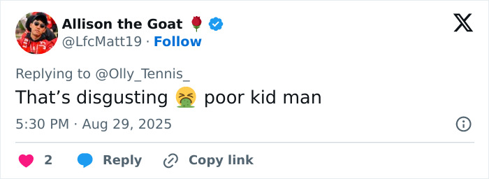 Tweet from user Allison the Goat reacting with disgust emoji to man snatching Kamil Majchrzak's hat from kid at US Open.