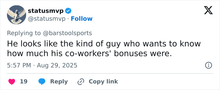 Tweet from statusmvp replying to barstoolsports with text about co-workers' bonuses, related to man snatching Kamil Majchrzak's hat.