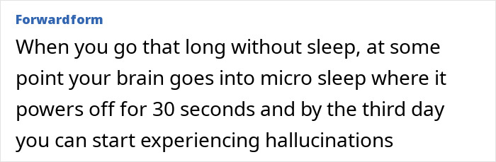 Text excerpt about effects of extreme sleep deprivation causing microsleep and hallucinations, related to man who hasn't slept in 2 years.