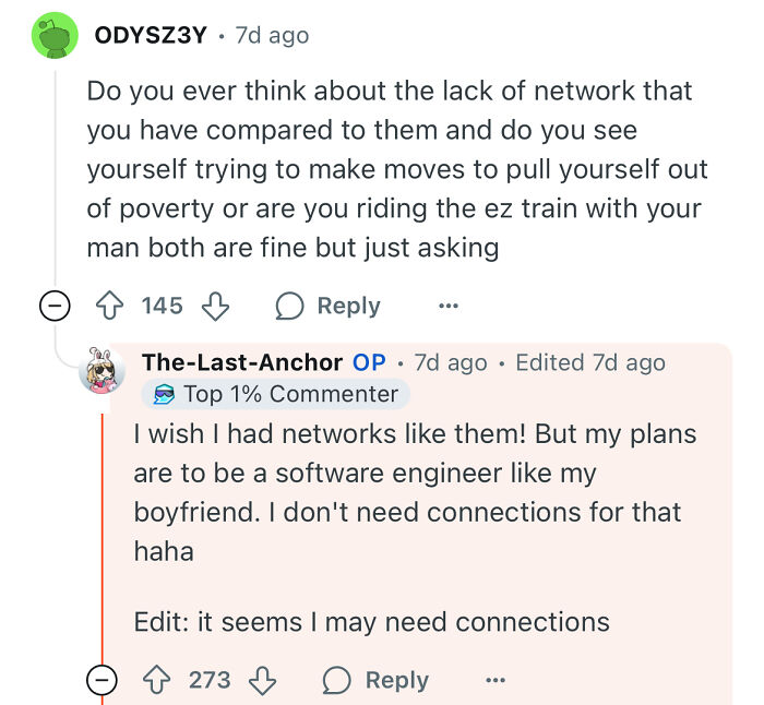 Screenshot of a Reddit conversation about a poor woman who dates a rich guy and discusses her life changes and career plans.