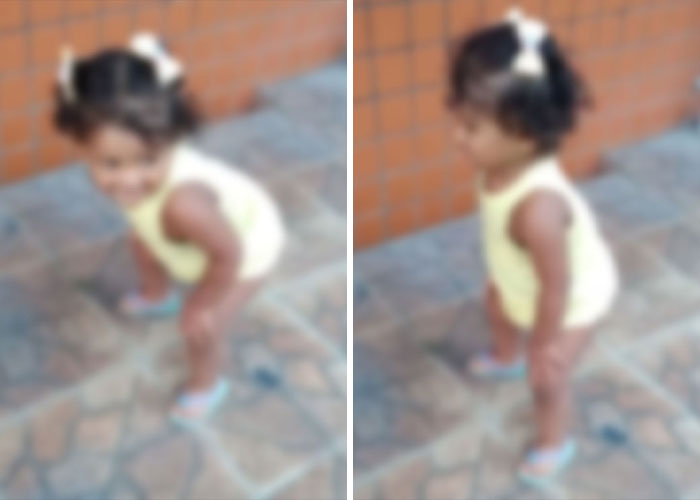 Toddler wearing yellow top and sandals outdoors with focus on predators targeting children's social media warnings.