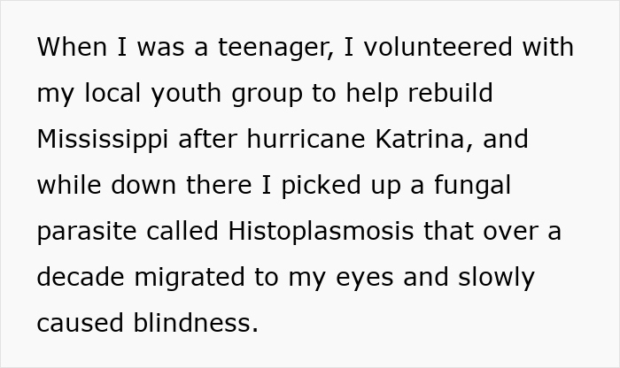 Text describing a story about a teenager volunteering and eventually losing sight due to a fungal parasite causing blindness.