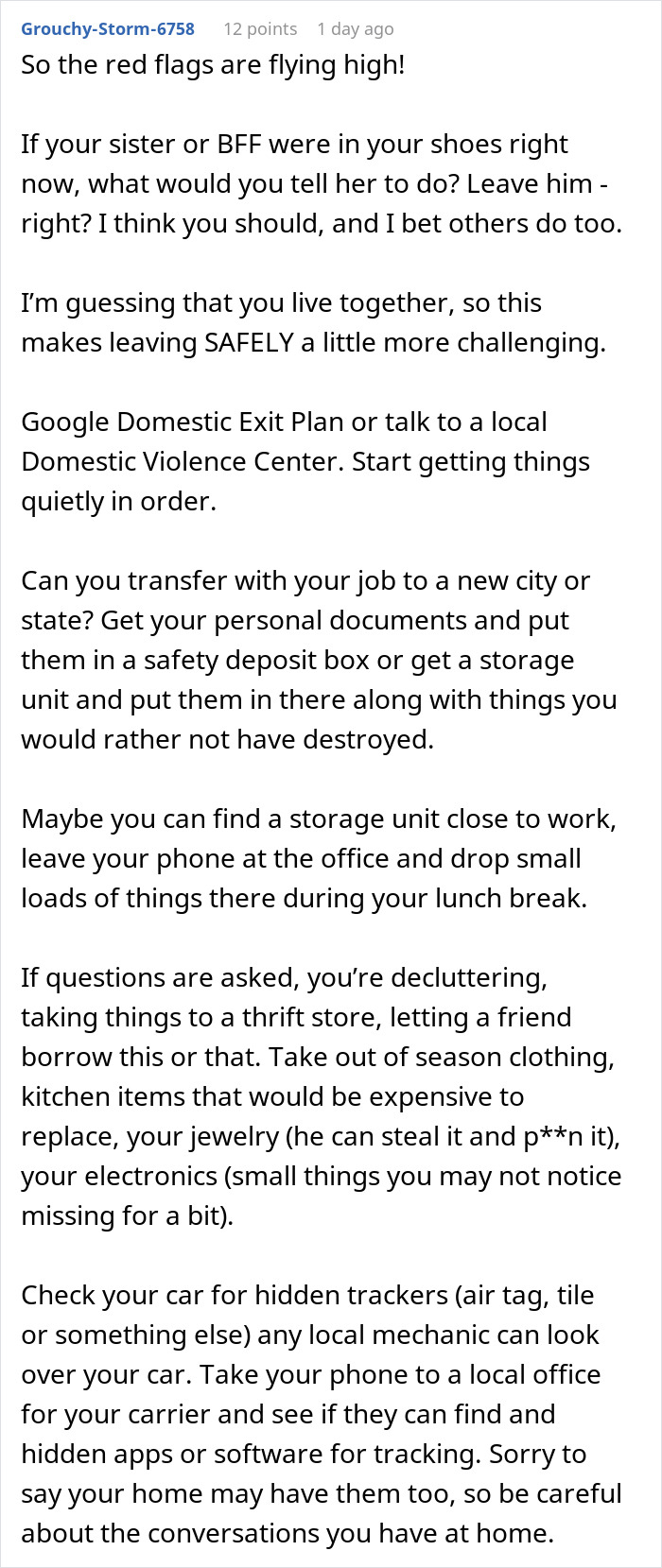 Text showing advice on leaving an unsafe relationship, with tips on safety and planning a domestic exit.